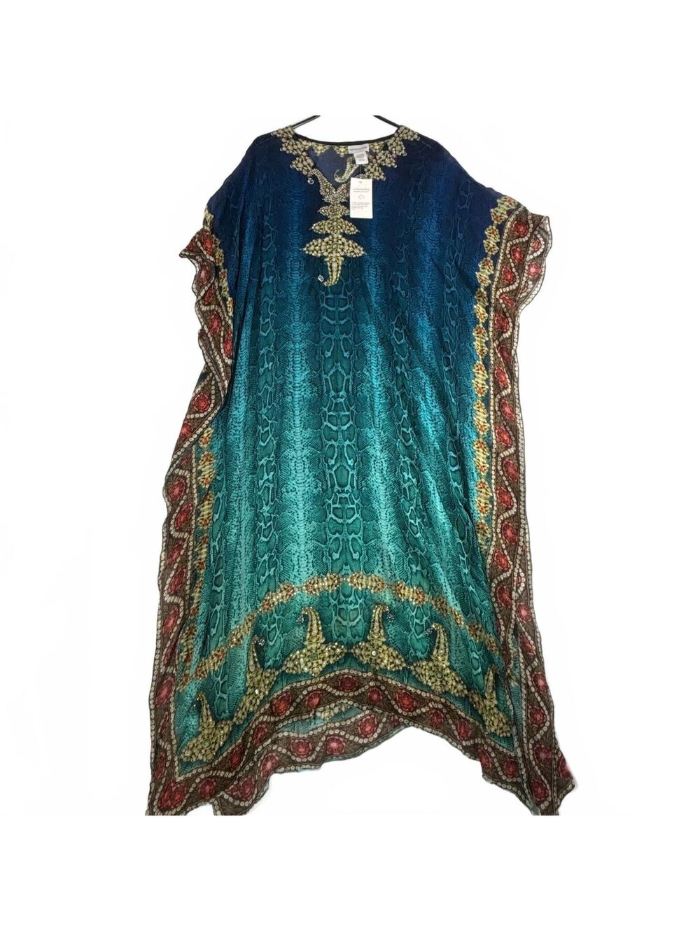 Soft Surroundings Women's Teal Blue Reptile Print V-Neck Caftan Kaftan L/XL NWT